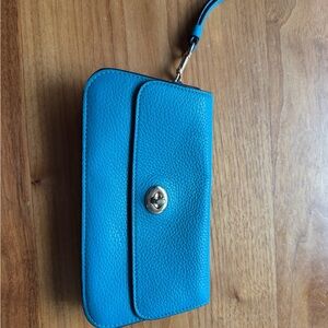 Coach Blue Leather Wristlet with Gold Clasp